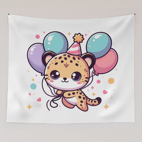 Item preview, Kawaii Cheetah Wearing A Party Hat Floating With Balloons designed and sold by CanvasCutie.