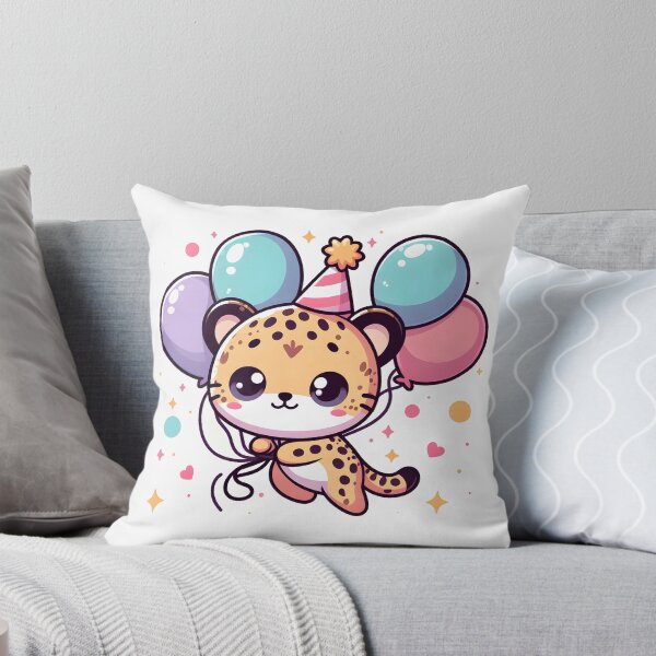 Item preview, Kawaii Cheetah Wearing A Party Hat Floating With Balloons designed and sold by CanvasCutie.