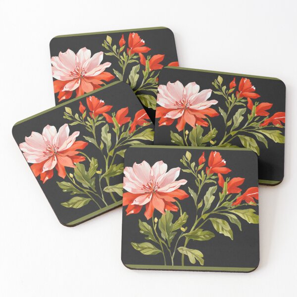 Item preview, Red flowers and buds on black  designed and sold by Flowersonstuff.