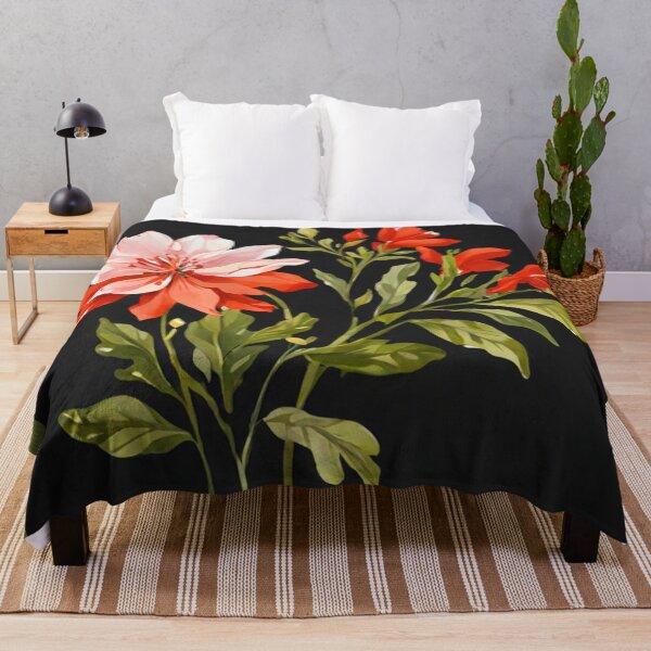 Item preview, Red flowers and buds on black  designed and sold by Flowersonstuff.