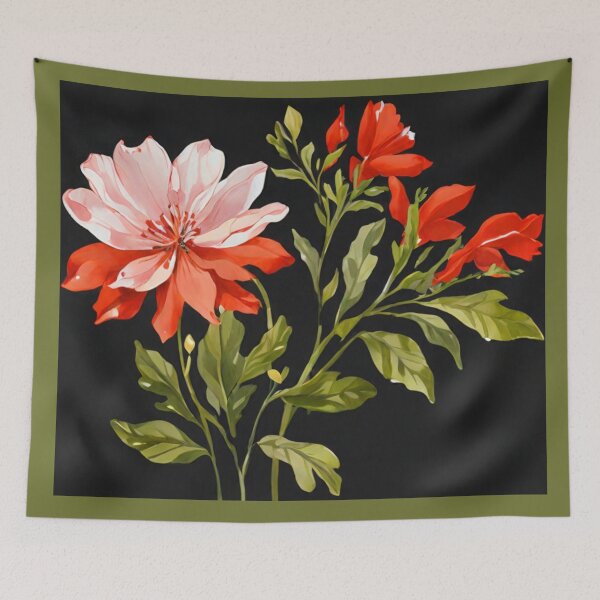 Item preview, Red flowers and buds on black  designed and sold by Flowersonstuff.