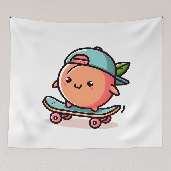 Item preview, Kawaii Peach With Cap Backward Skateboarding designed and sold by CanvasCutie.
