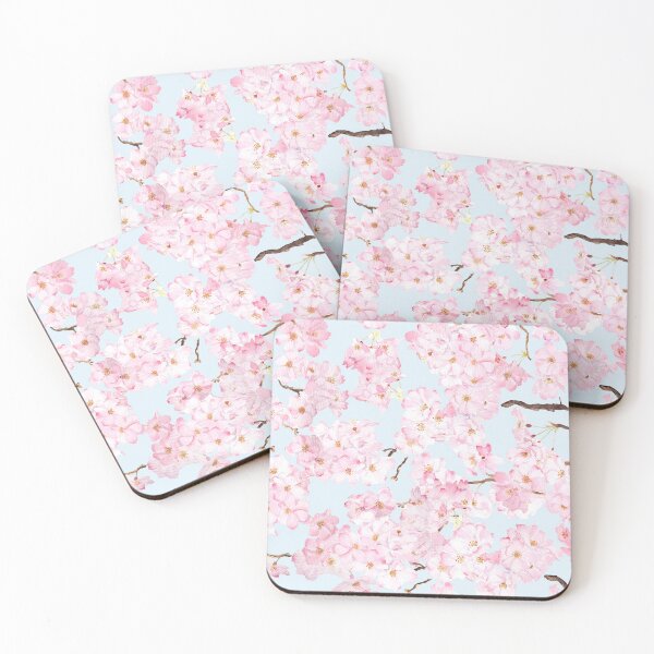 Item preview, Pink cherry pattern in blue background hand painted  designed and sold by ColorandColor.
