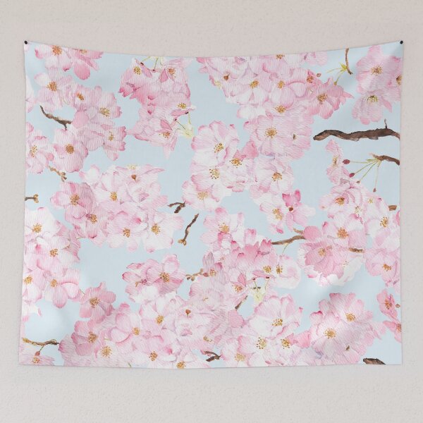 Item preview, Pink cherry pattern in blue background hand painted  designed and sold by ColorandColor.