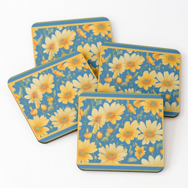 Item preview, Yellow daisies on a blue background  designed and sold by Flowersonstuff.