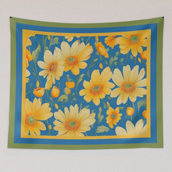 Item preview, Yellow daisies on a blue background  designed and sold by Flowersonstuff.