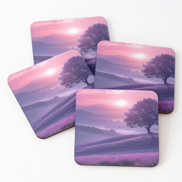 Item preview, Purple sunrise over misty hills with a lone tree designed and sold by Artessie.