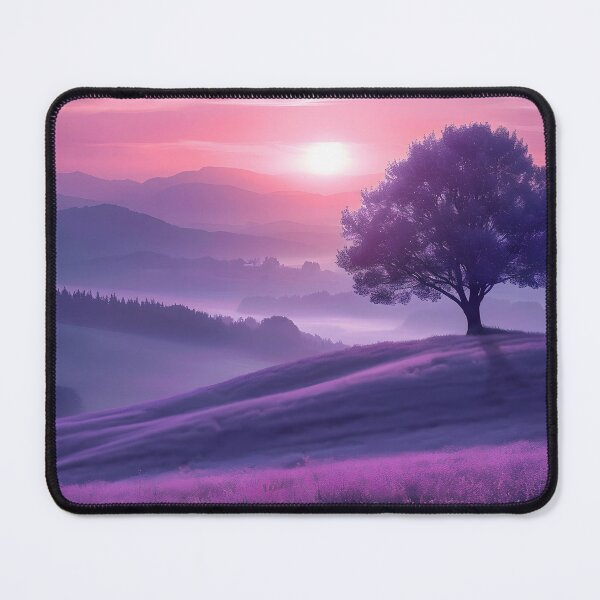 Item preview, Purple sunrise over misty hills with a lone tree designed and sold by Artessie.