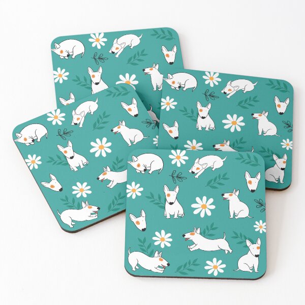 Item preview, Cute Bull Terrier White And Daisy Flower Pattern Teal designed and sold by BeebooDesign.