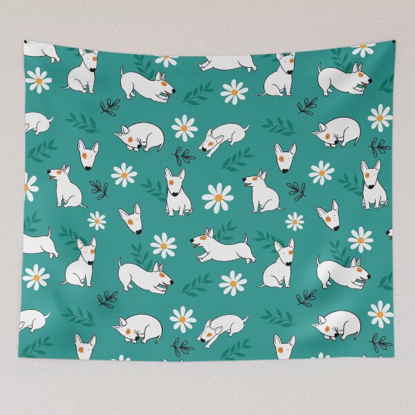 Item preview, Cute Bull Terrier White And Daisy Flower Pattern Teal designed and sold by BeebooDesign.