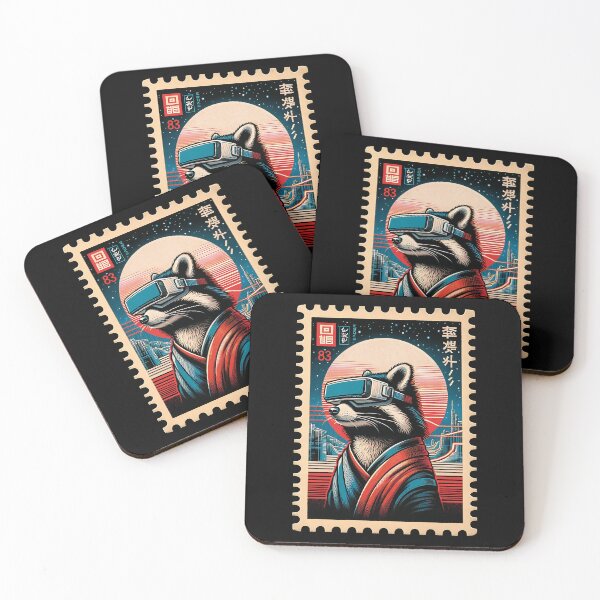Item preview, Raccoon with Vision Pro, retro art poster on a postage stamp designed and sold by PrintyArts.