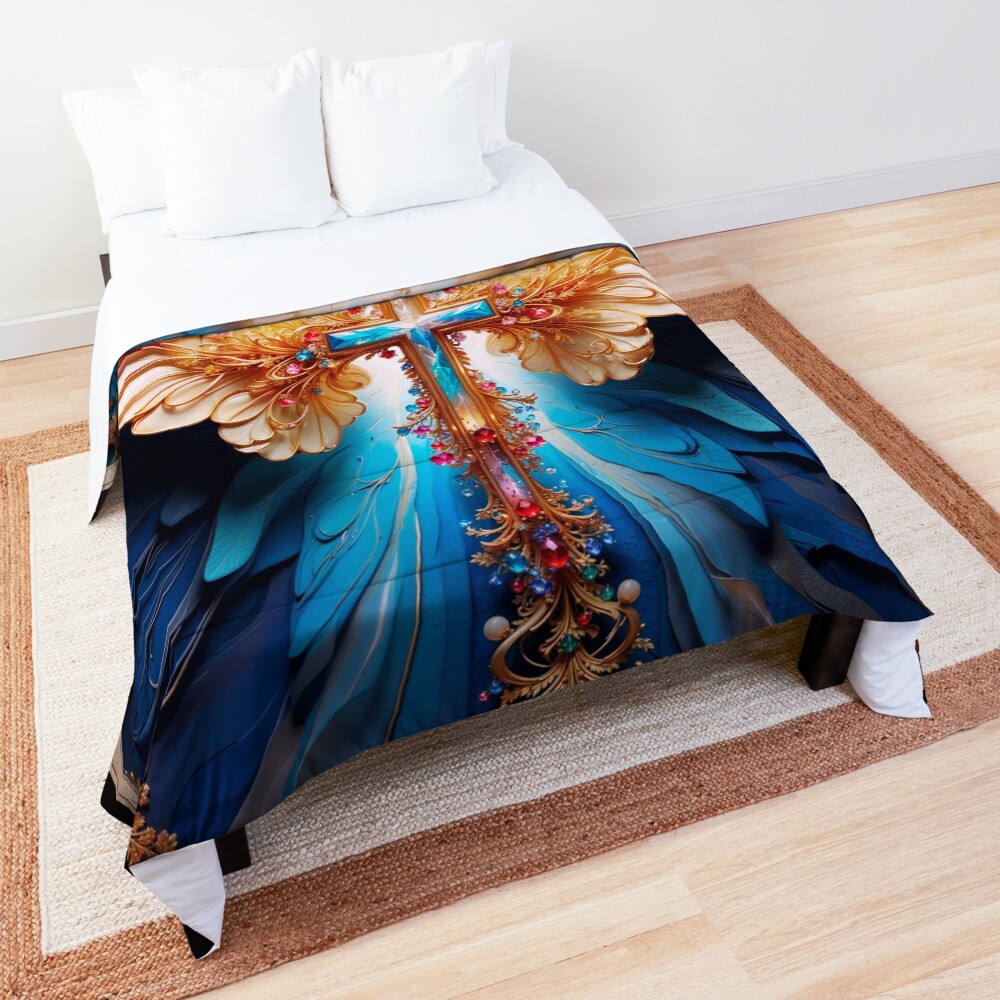 The Light Of Heaven Angel Wings Cross Enchanting AI Concept Art by Xzendor7 Decorative Comforter
