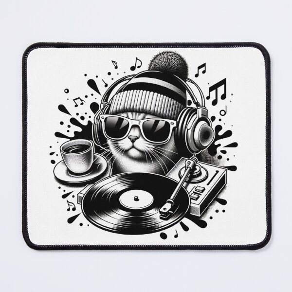 Item preview, RETRO BEAT FELINE - CAT DJ WITH VINYL AND COFFEE designed and sold by BlueGoldArt.