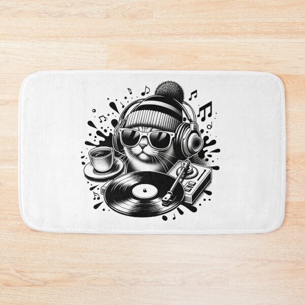 Item preview, RETRO BEAT FELINE - CAT DJ WITH VINYL AND COFFEE designed and sold by BlueGoldArt.