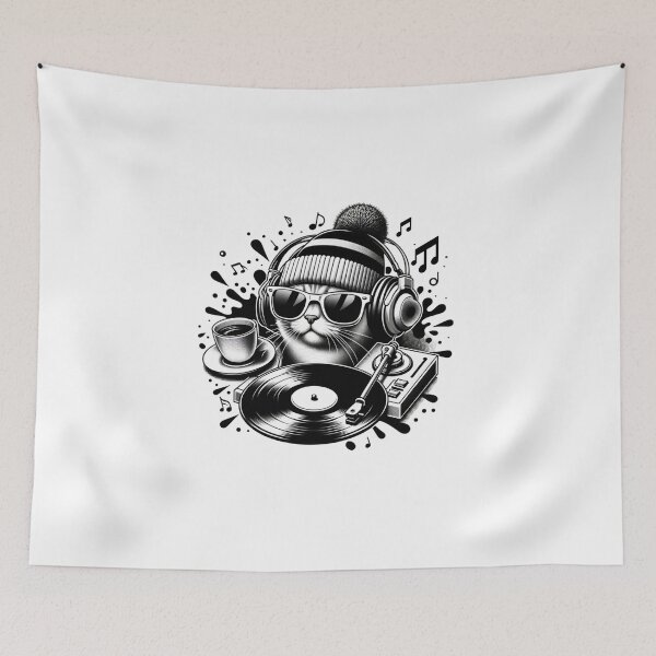 Item preview, RETRO BEAT FELINE - CAT DJ WITH VINYL AND COFFEE designed and sold by BlueGoldArt.