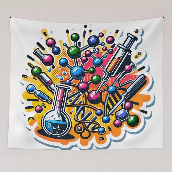 Item preview, Biotechnology Bonanza - DNA & Atoms Comic Explosion Sticker designed and sold by Molecularmerch.