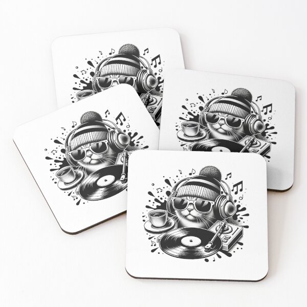 Item preview, RETRO BEAT FELINE - CAT DJ WITH VINYL AND COFFEE designed and sold by BlueGoldArt.