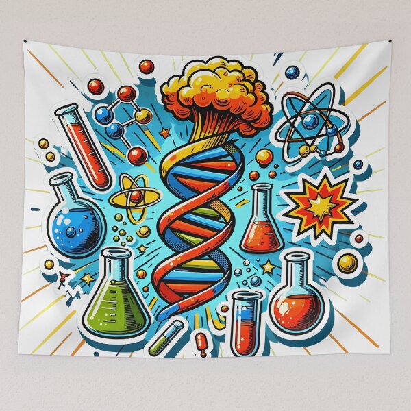 Item preview, Biotechnology Bonanza - DNA & Atoms Comic Explosion Sticker designed and sold by Molecularmerch.