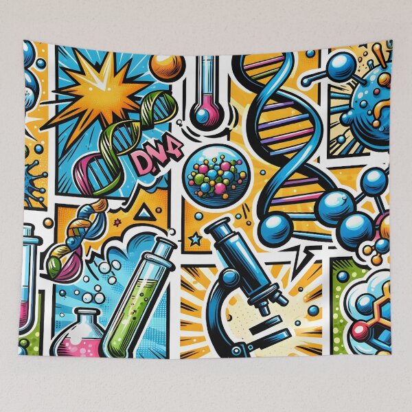 Item preview, Biotechnology Bonanza - DNA & Atoms Comic Explosion Sticker designed and sold by Molecularmerch.