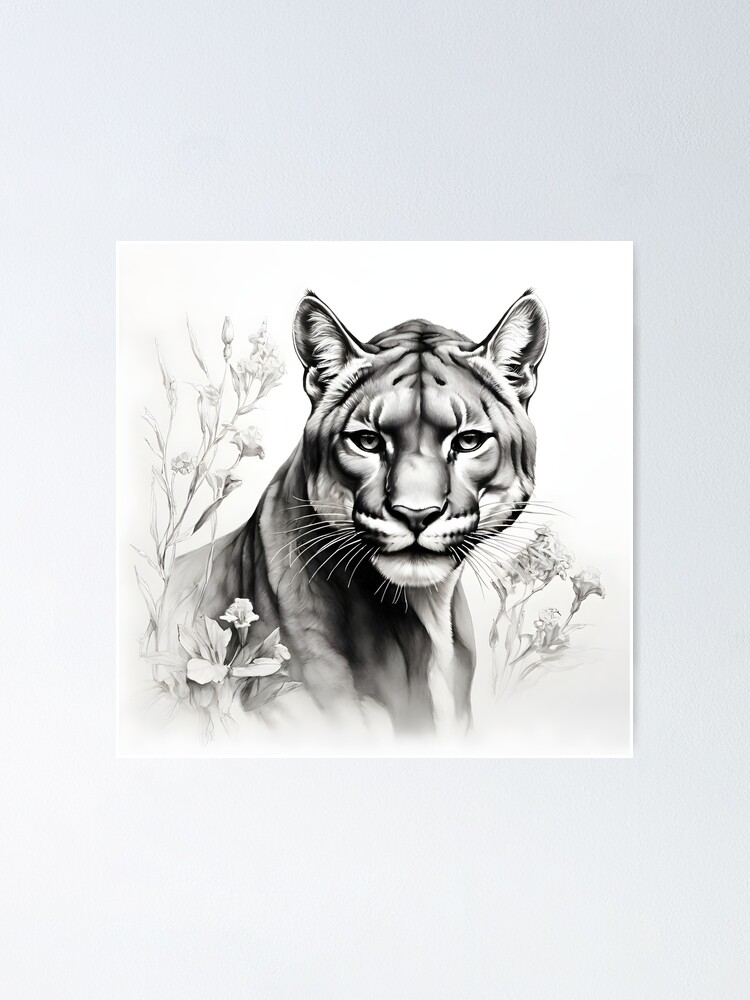 Black and white pencil drawing of a Puma Poster