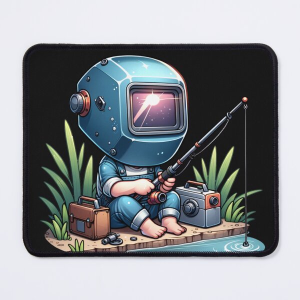 Item preview, Boy wearing a welding helmet and fishing at a pond designed and sold by NeaftyFinds.