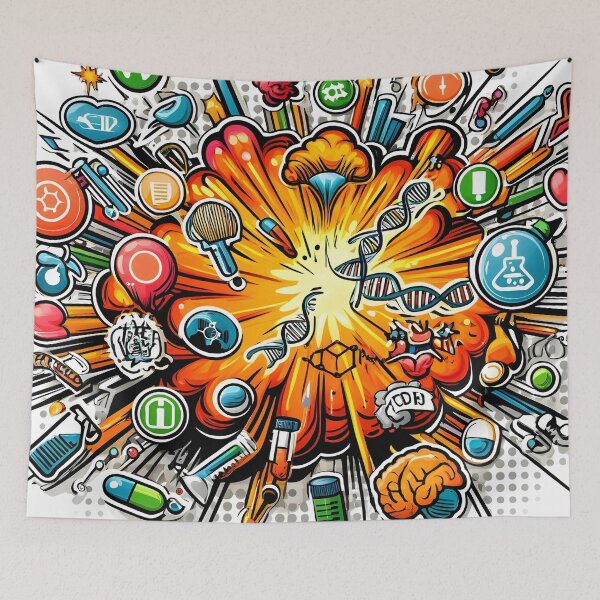 Item preview, Biotechnology Bonanza - DNA & Atoms Comic Explosion Sticker designed and sold by Molecularmerch.