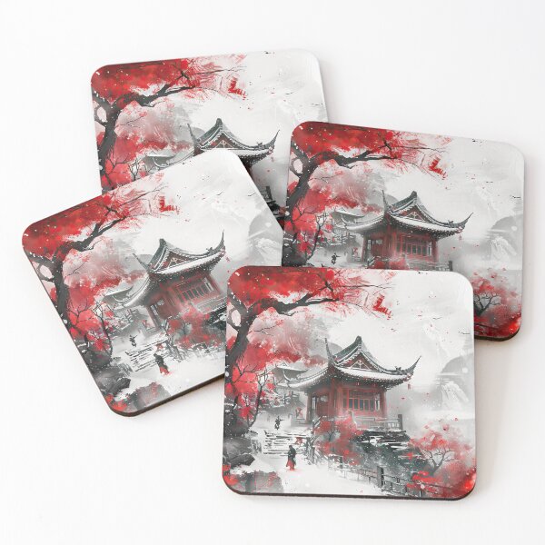 Item preview, Bright red leaves adorning an ancient temple on a peaceful snowy day designed and sold by Jerhus.