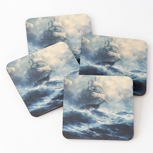 Item preview, An 18th-century ship on a choppy sea, lashed by waves, surrounded by an expanse of foamy ocean and cloudy sky designed and sold by ArtRenavet.