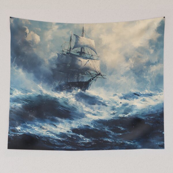 Item preview, An 18th-century ship on a choppy sea, lashed by waves, surrounded by an expanse of foamy ocean and cloudy sky designed and sold by ArtRenavet.