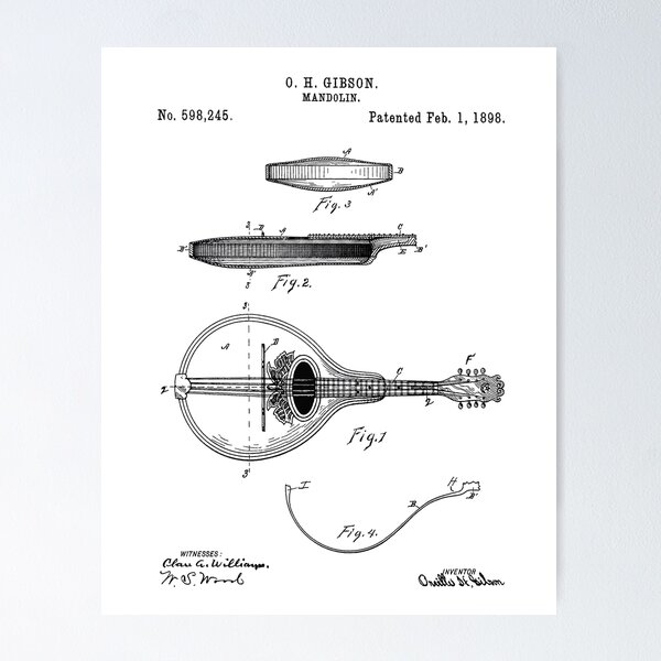 Artikelvorschau, Mandoline 1898 Vintage Patent Art White Hintergrund entworfen und verkauft von Peek-Designs.