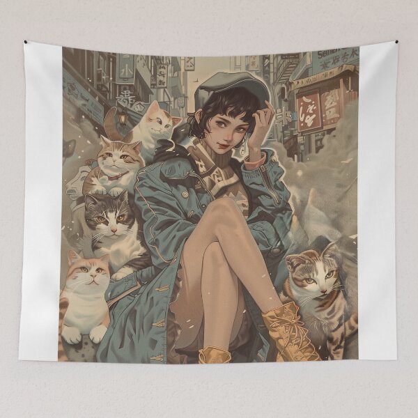 Item preview, Seinen Art Style Mujer con Gatos - Pintura Estética Anime designed and sold by 33wolvesdesigns.