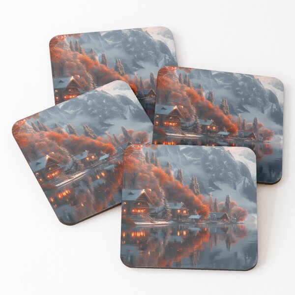 Item preview, Idyllic autumn mountain lake houses at dusk designed and sold by Artessie.