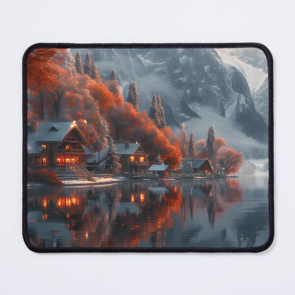 Item preview, Idyllic autumn mountain lake houses at dusk designed and sold by Artessie.