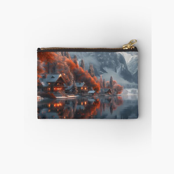 Item preview, Idyllic autumn mountain lake houses at dusk designed and sold by Artessie.