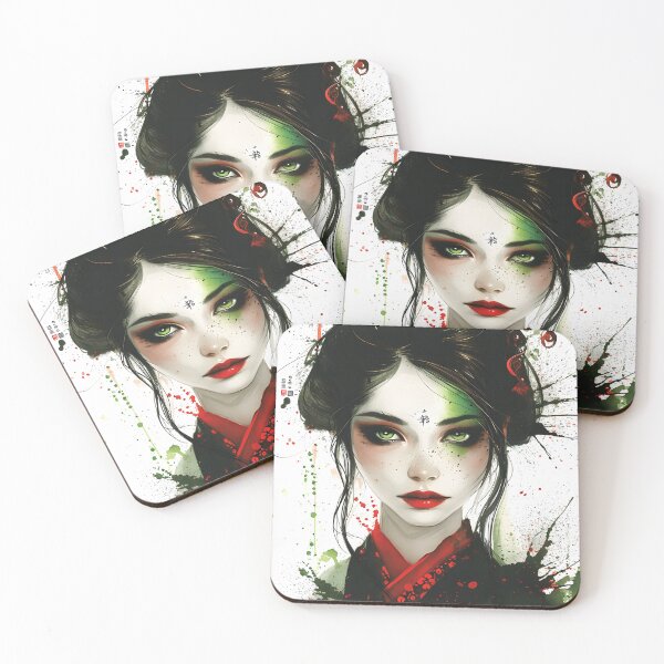 Item preview, Artistic illustration of a geisha with green eyes designed and sold by Artessie.