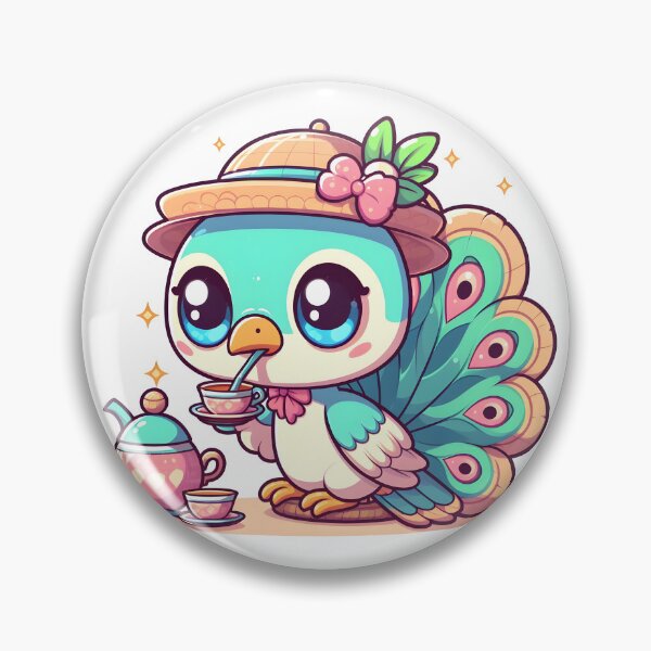 Artikelvorschau, Kawaii-Pfau mit einer Teetasse und einer Untertasse, der Tee trinkt entworfen und verkauft von CanvasCutie.