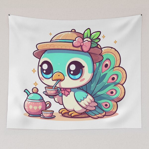 Item preview, Kawaii Peacock With A Teacup And Saucer Drinking Tea designed and sold by CanvasCutie.