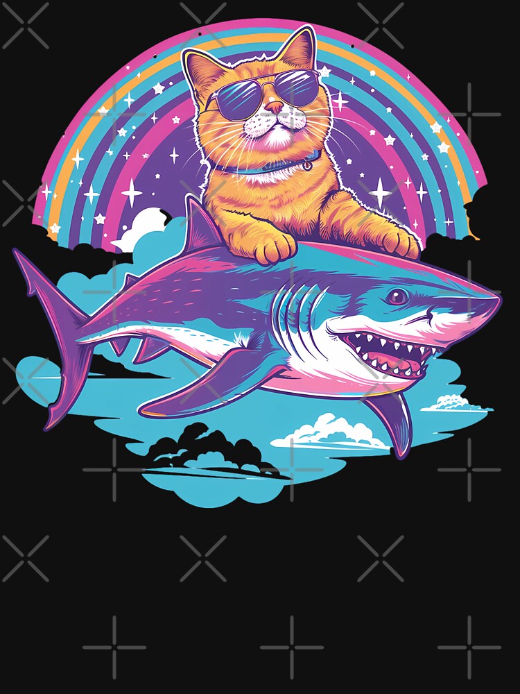 Cat riding a shark t shirt best sale