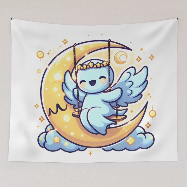 Item preview, Kawaii Luminous Banshee With Celestial Headband Swinging On A Crescent Moon designed and sold by CanvasCutie.
