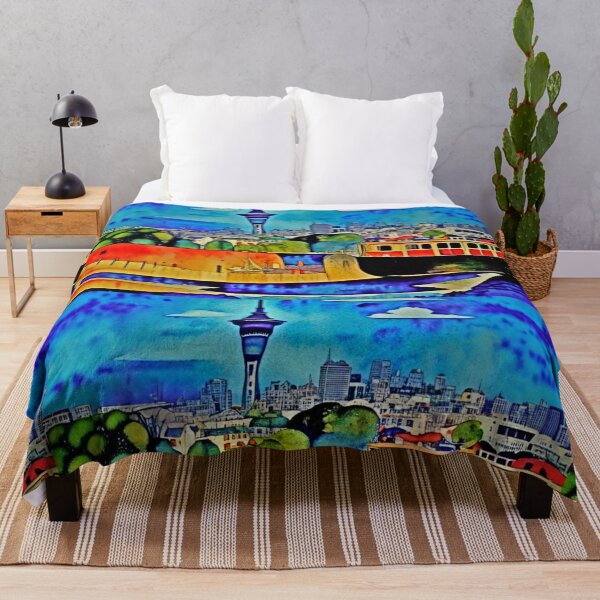 Artikelvorschau, Landschaftsmalerei von Auckland, Neuseeland mit einem strahlend blauen Himmel, der Stadt Auckland und dem Hafen entworfen und verkauft von CristalleLisa.