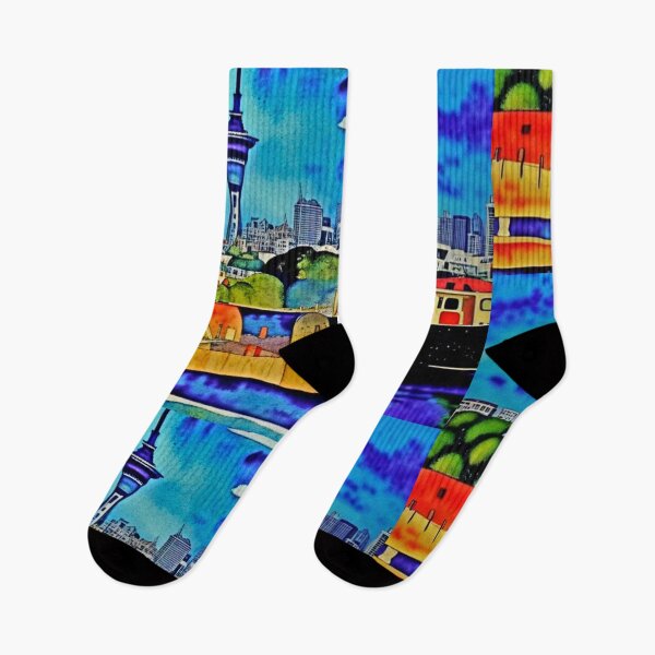 Item preview, Landscape painting of Auckland, New Zealand with a Bright Blue Sky, Auckland city and harbour designed and sold by CristalleLisa.