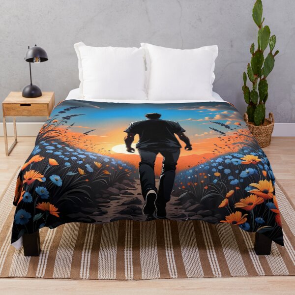 Artikelvorschau, Silhouette einer Person, die durch blaue und orangefarbene Blumen geht, KI-generierte Kunst entworfen und verkauft von ACC .