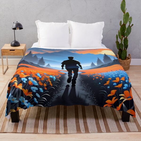 Artikelvorschau, Silhouette einer Person, die durch blaue und orangefarbene Blumen geht, KI-generierte Kunst entworfen und verkauft von ACC .