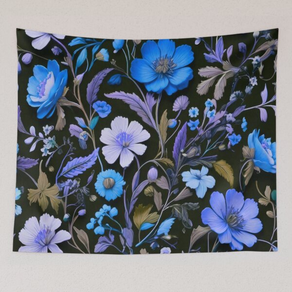Item preview, Blue Field flowers on black designed and sold by Flowersonstuff.