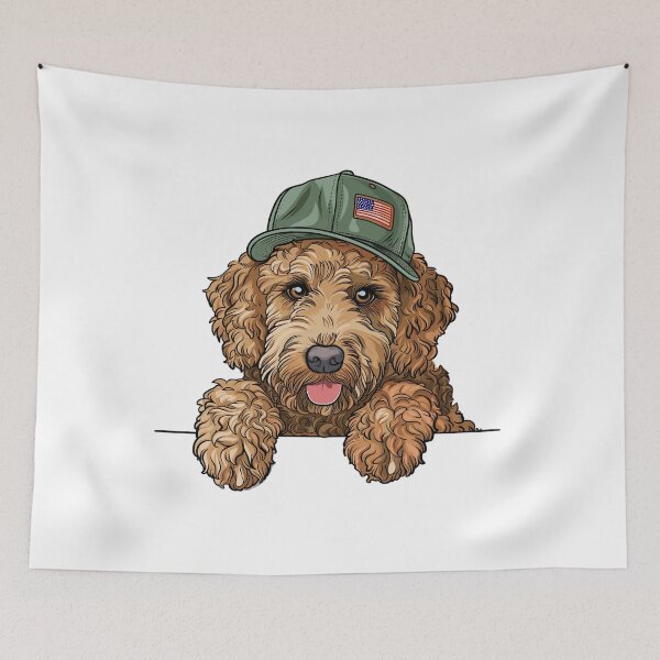 Item preview, GoldenDoodle wearing trucker hat American flag designed and sold by RetroPrints.