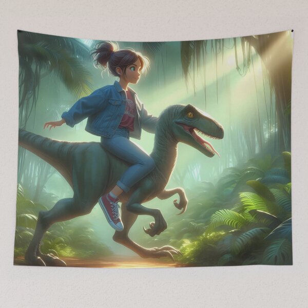 Item preview, A girl is riding on the back of a dinosaur. designed and sold by aminz4.