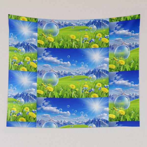 Item preview, Frutiger Aero y2k Aesthetic Meadow with Bubbles and Mountains and Sky designed and sold by bearslover.