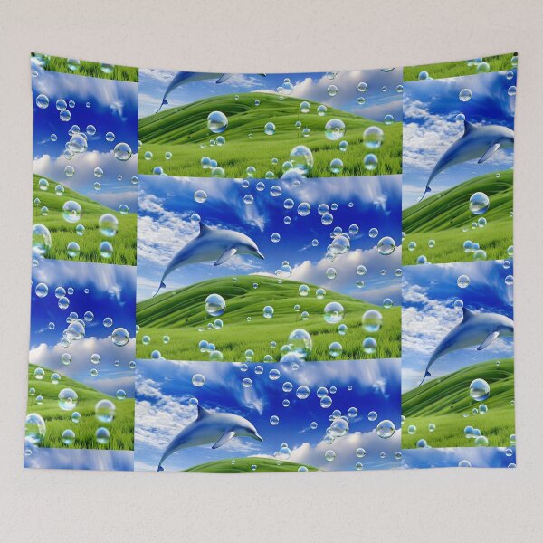 Item preview, Frutiger Aero Dolphin y2k Aesthetic Meadow with Bubbles and Mountains and Sky designed and sold by bearslover.