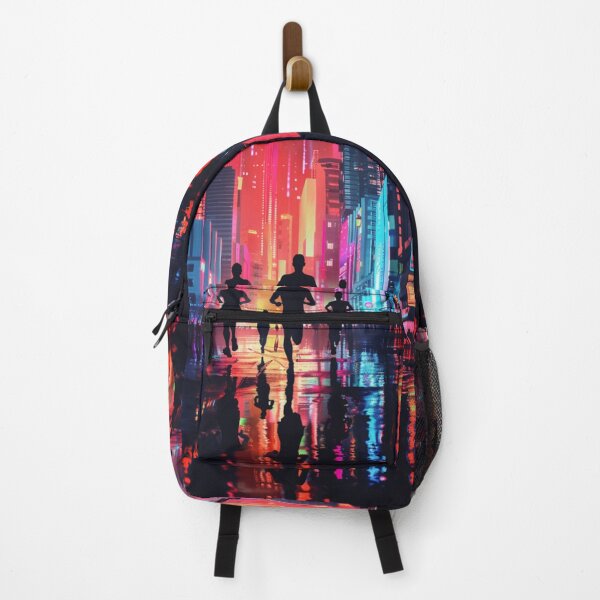 Item preview, Monochrome silhouette runners against neon-lit cityscape Active Outdoors Inspired Art designed and sold by CDC40.