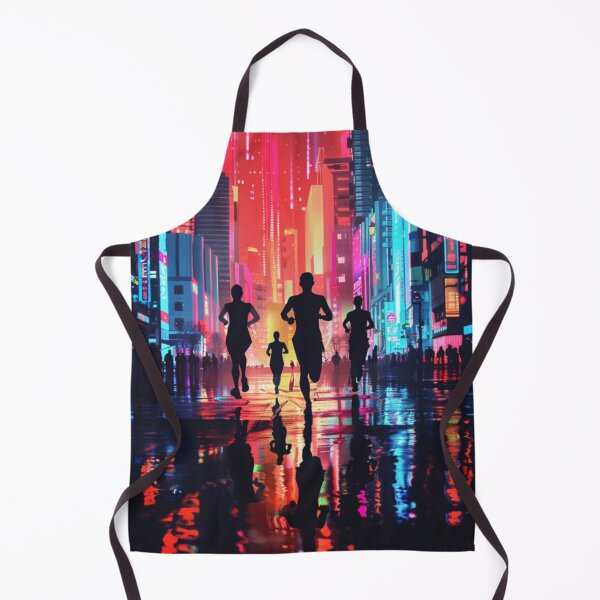 Item preview, Monochrome silhouette runners against neon-lit cityscape  Active Outdoors Inspired Art designed and sold by CDC40.